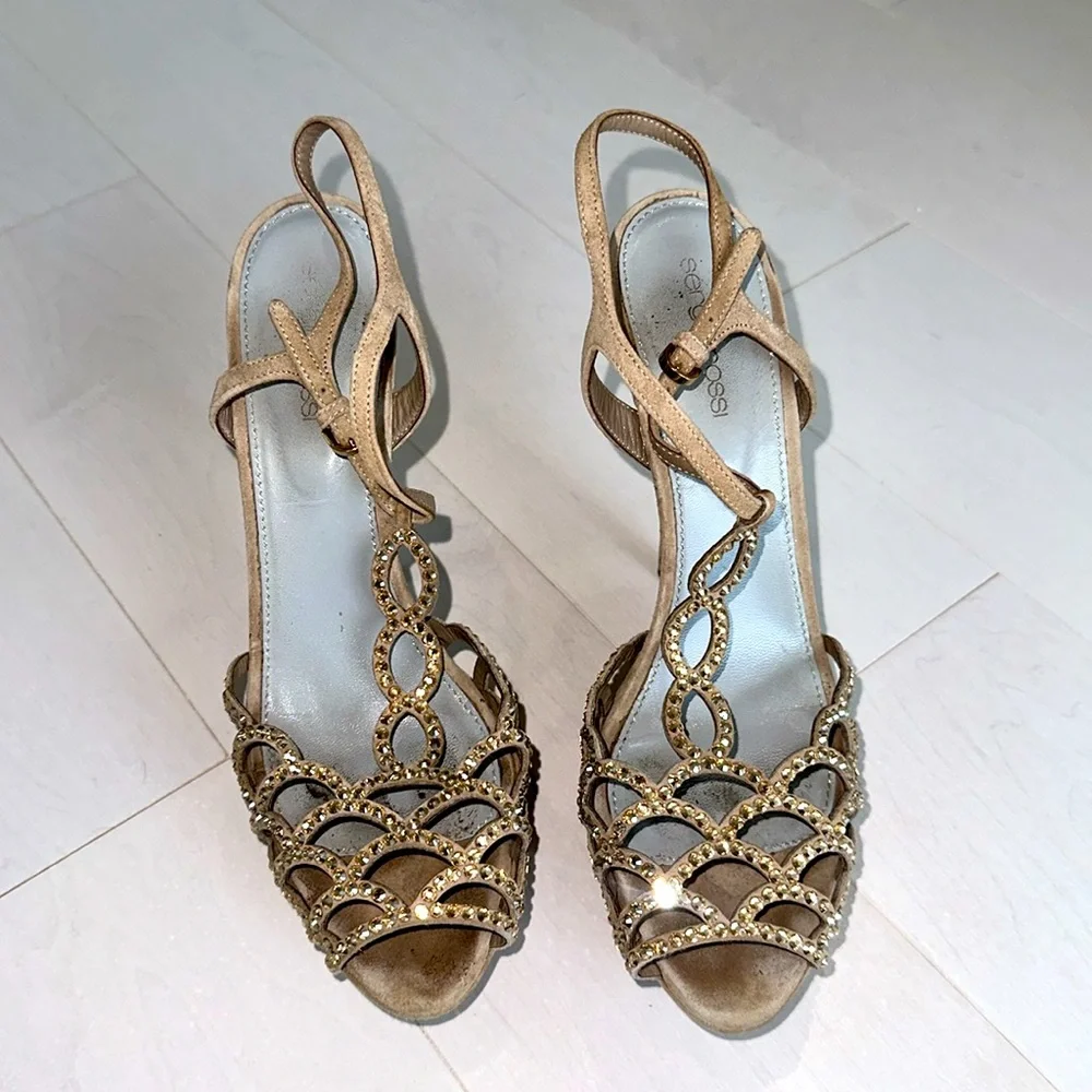 Sergio Rossi Beige Suede Rhinestone Embellished Platform Stiletto Sandals